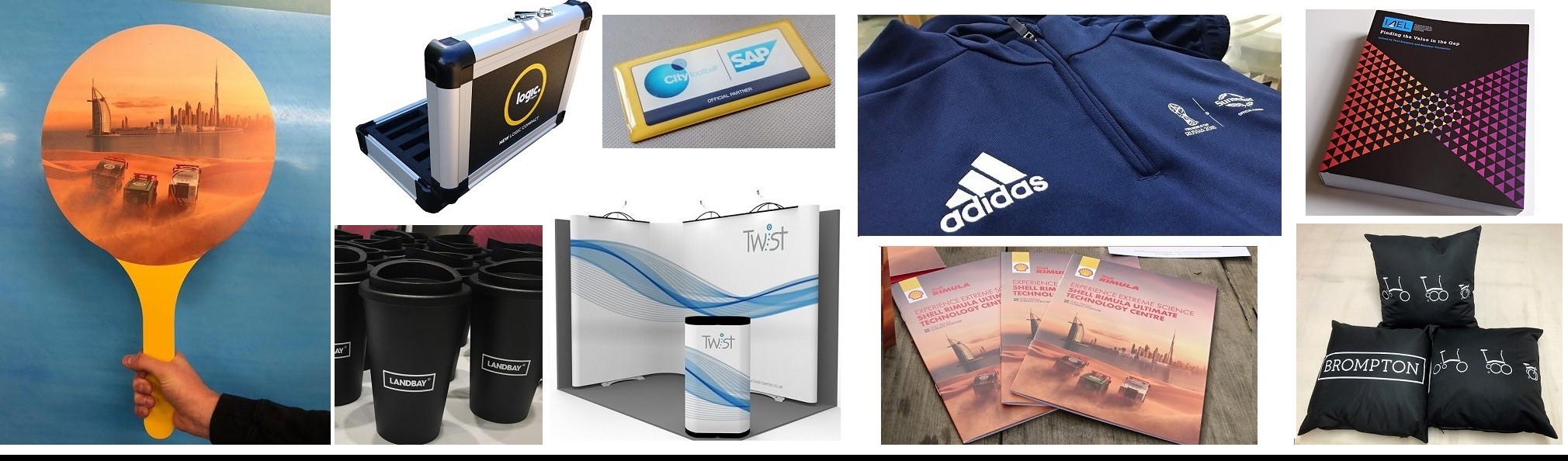 Slideshow Brochures Signs Bags Clothing Coffee Cups